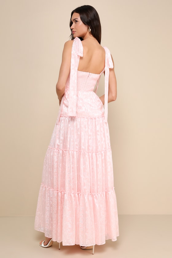 Lulus Picturesque Allure Blush Pink Jacquard Tie-strap Maxi Dress In Blush Pink