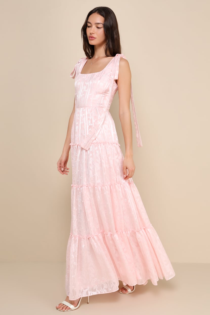 Picturesque Allure Blush Pink Jacquard Tie-Strap Maxi Dress