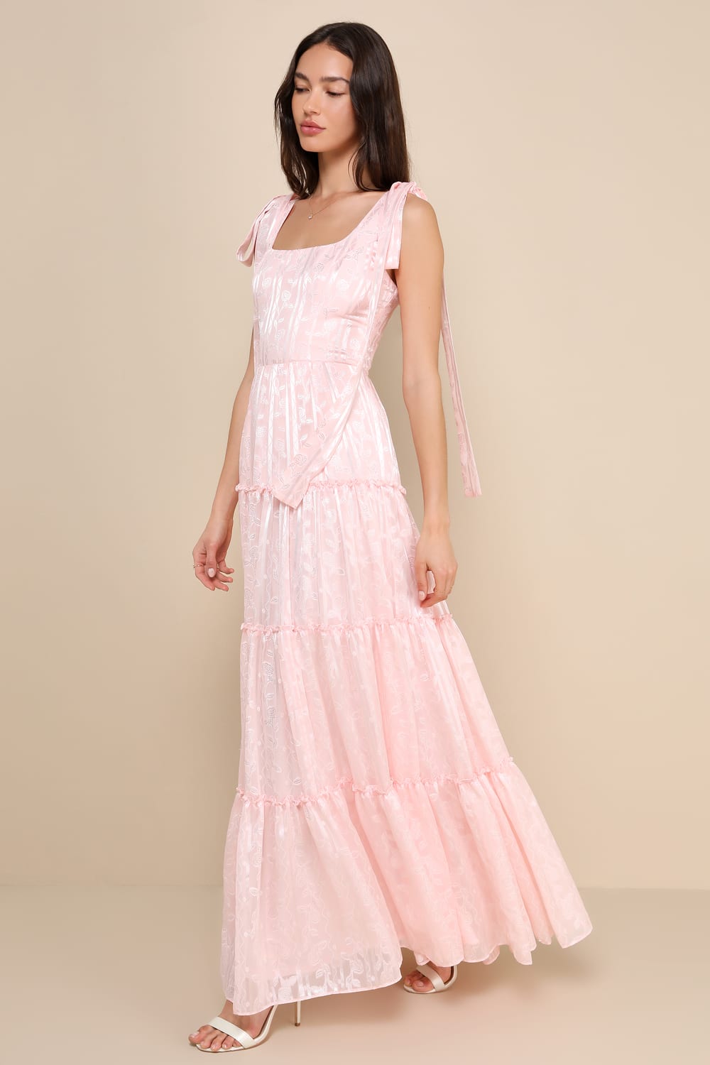 Picturesque Allure Blush Pink Jacquard Tie-Strap Maxi Dress