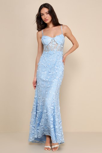 Exceptionally Radiant Blue Embroidered Floral Bustier Maxi Dress