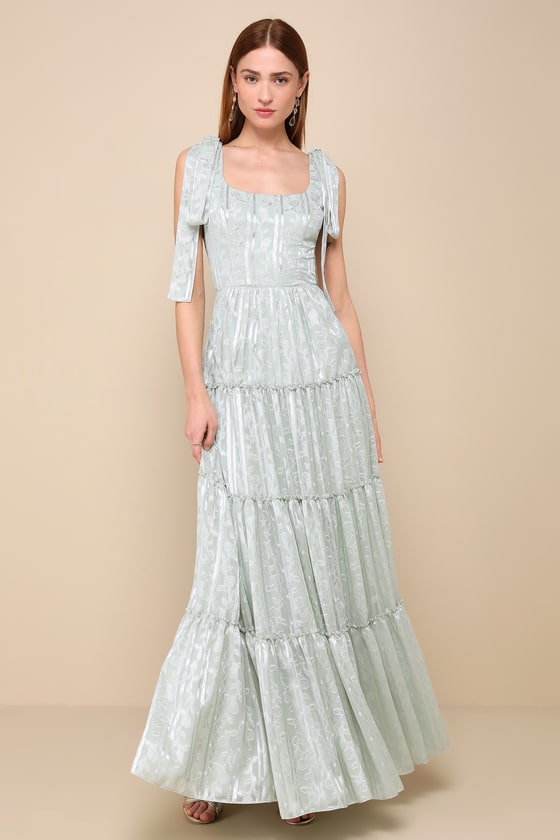LULUS PICTURESQUE ALLURE SAGE GREEN JACQUARD TIE-STRAP MAXI DRESS 