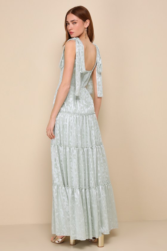 LULUS PICTURESQUE ALLURE SAGE GREEN JACQUARD TIE-STRAP MAXI DRESS 