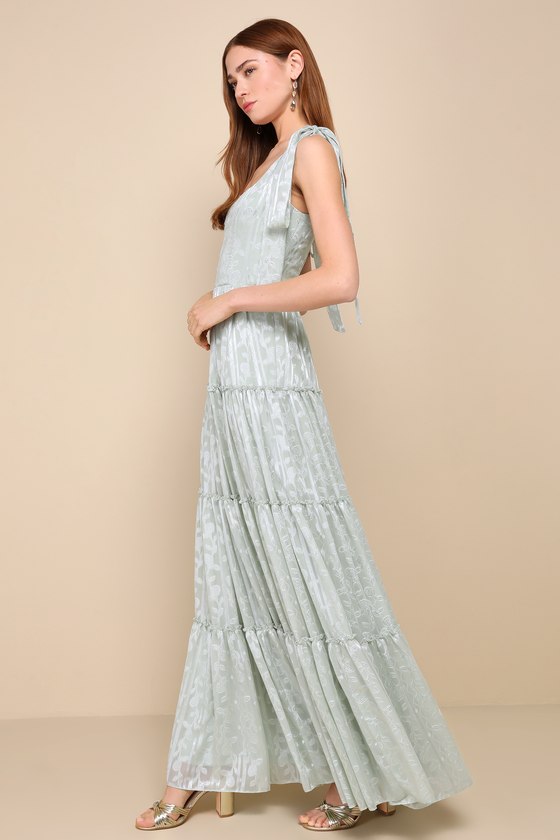 LULUS PICTURESQUE ALLURE SAGE GREEN JACQUARD TIE-STRAP MAXI DRESS 