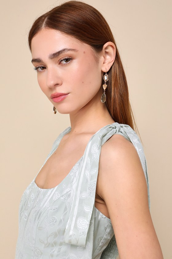 LULUS PICTURESQUE ALLURE SAGE GREEN JACQUARD TIE-STRAP MAXI DRESS 