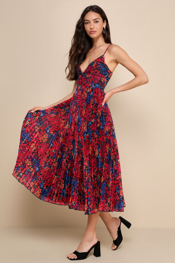 Lulus Sincerely Gorgeous Black Multi Floral Pleated Midi Dress In Black