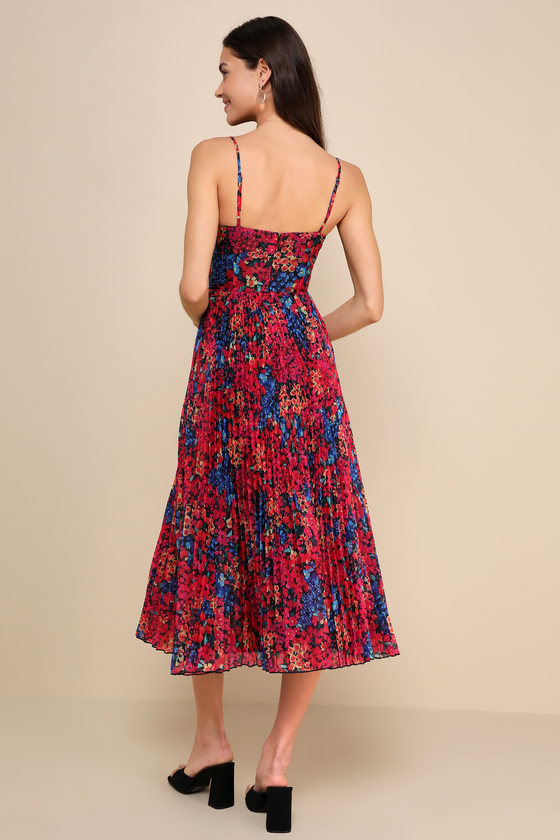 Lulus Sincerely Gorgeous Black Multi Floral Pleated Midi Dress In Black