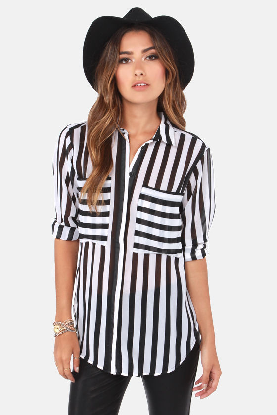 Black and White Top - Striped Top - Tunic Top - Button Up Blouse - $66.
