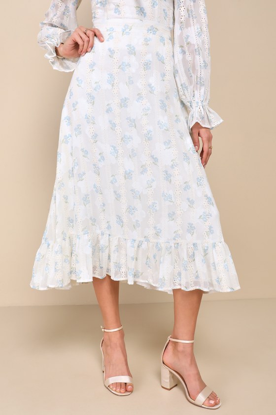 Ivory Floral Midi Skirt - Embroidered Midi Skirt - Ruffled Skirt - Lulus