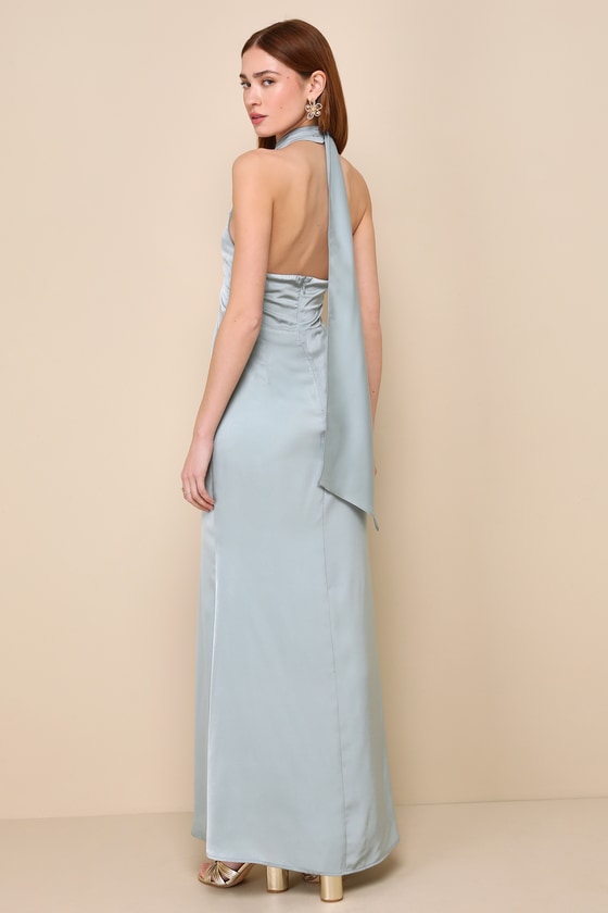 Pristine Charisma Sage Green Satin Backless Halter Maxi Dress 4