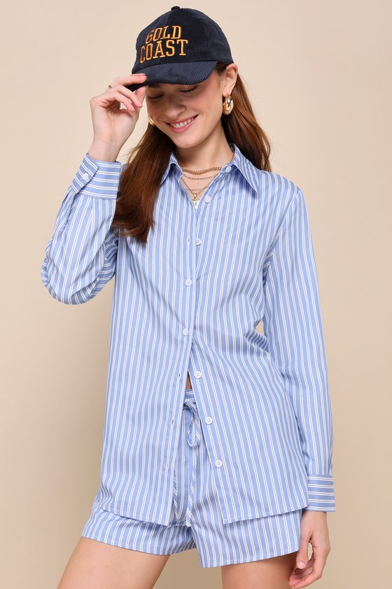 Lulus Casually Effortless Blue And White Striped Button-up Top