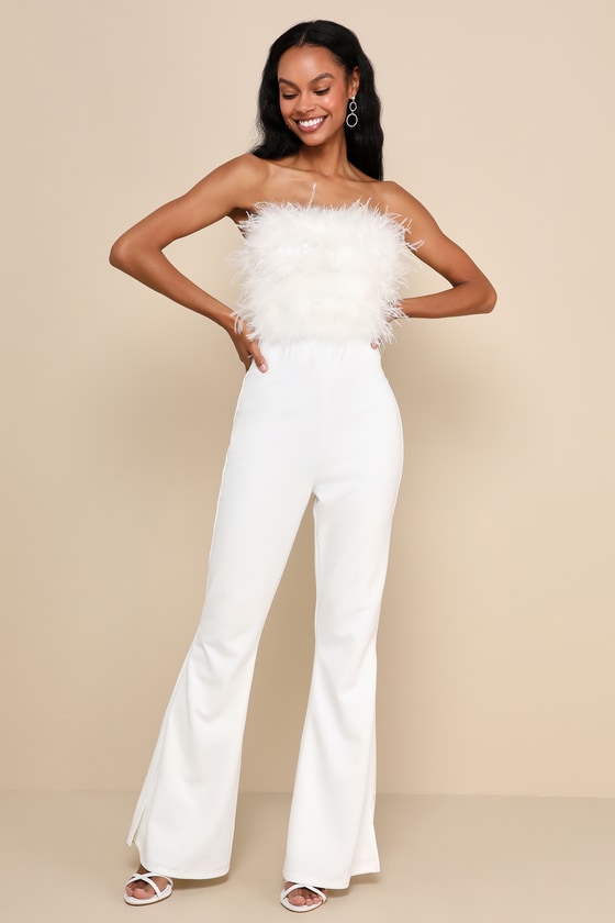 Lulus Fantastically Flawless White Feather Strapless Flared Jumpsuit