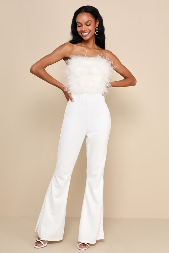 Fantastically Flawless White Feather Strapless Flared Jumpsuit 2
