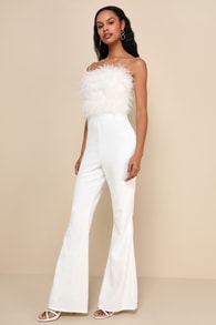 Fantastically Flawless White Feather Strapless Flared Jumpsuit