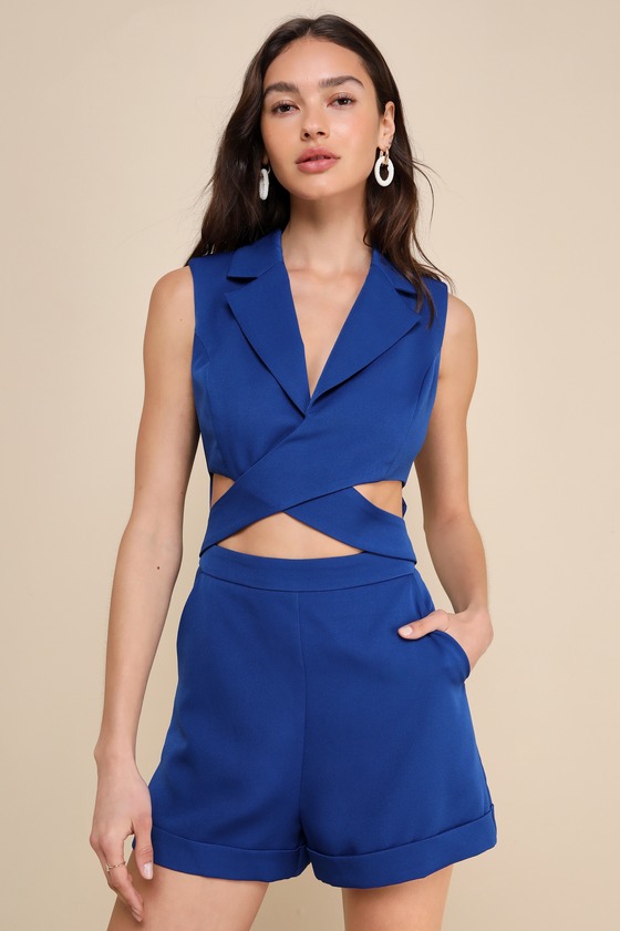 Shop Lulus Posh And Flirty Royal Blue Collared Cutout Sleeveless Romper