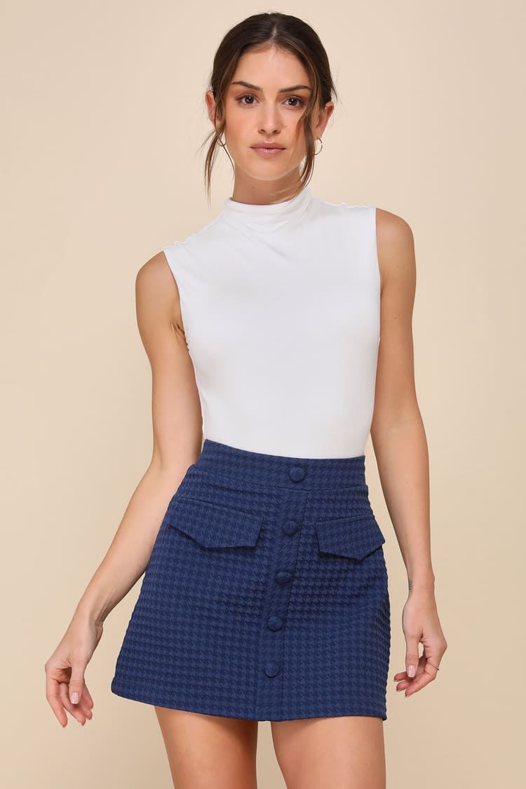 Navy Blue Skirt - Textured Houndstooth Skirt - Jacquard Mini - Lulus 