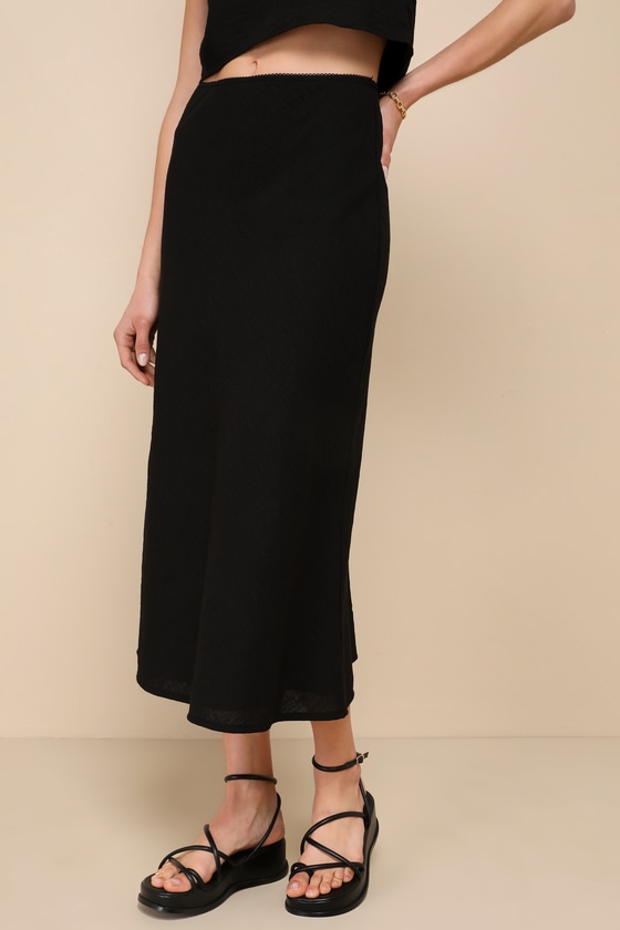 LULUS PLEASANT POISE BLACK HIGH-RISE A-LINE MIDI SKIRT