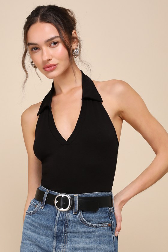 Shop Lulus Got A Flirty Feeling Black Collared Backless Halter Bodysuit