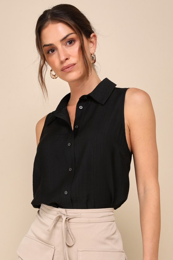 Shop Lulus Breezy Finesse Black Collared Button-front Tank Top