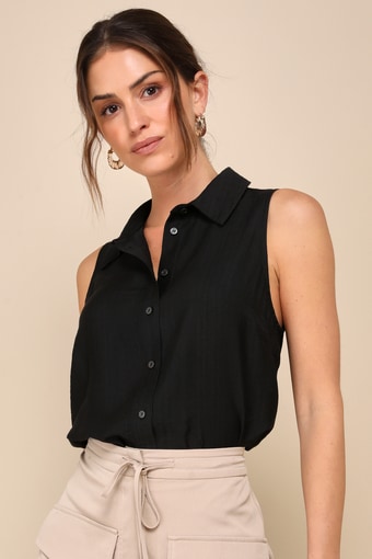 Breezy Finesse Black Collared Button-Front Tank Top