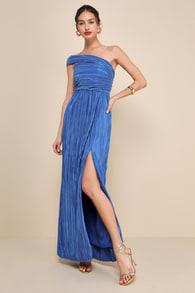 Poised Performance Blue Plisse One-Shoulder Maxi Dress