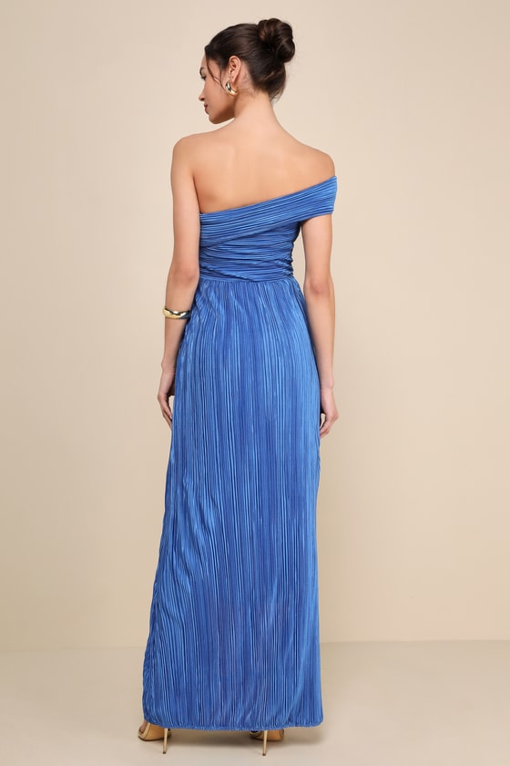 Lulus Poised Performance Blue Plisse One-shoulder Maxi Dress In Blue