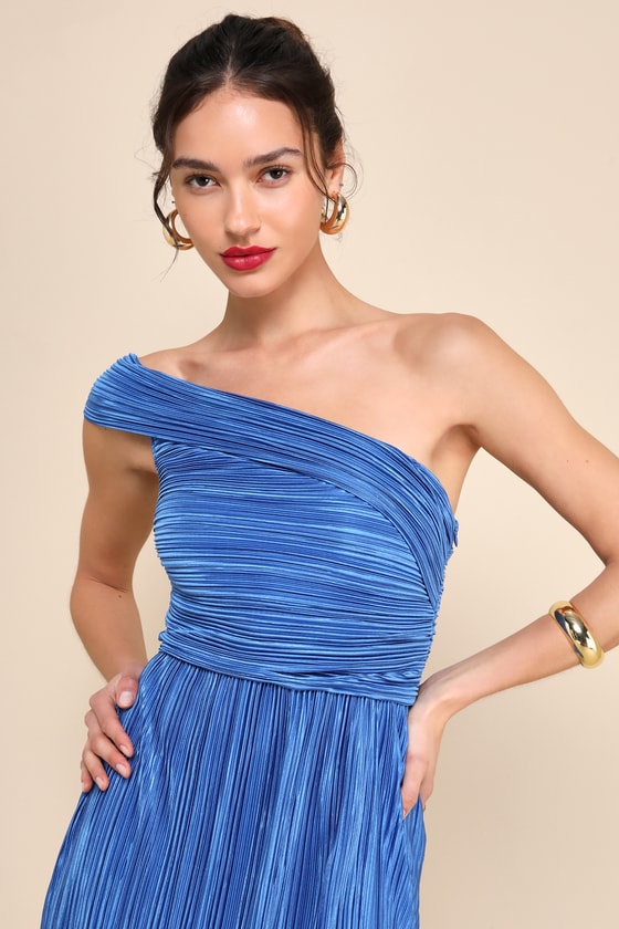 Lulus Poised Performance Blue Plisse One-shoulder Maxi Dress In Blue