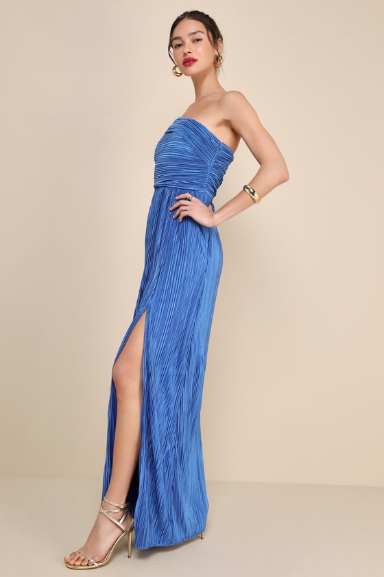 Lulus Poised Performance Blue Plisse One-shoulder Maxi Dress In Blue