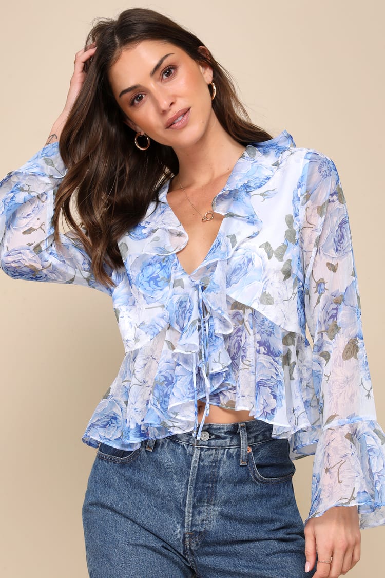 Blue Floral Ruffled Sleeve Top