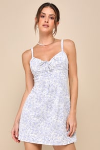 Effortless Personality Blue Floral Embroidered Mini Dress