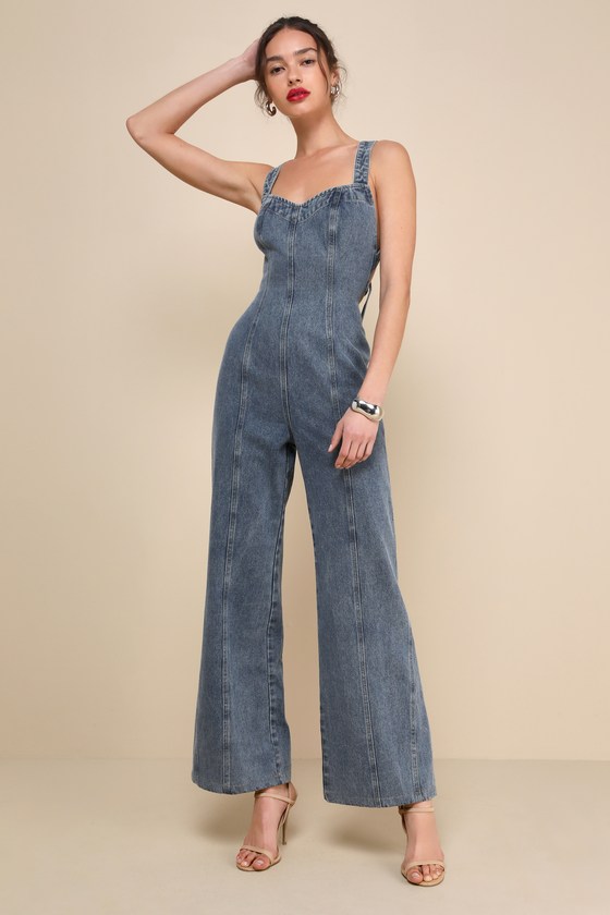 Lulus Trendsetting Personality Medium Wash Denim Backless Jumpsuit In Blue