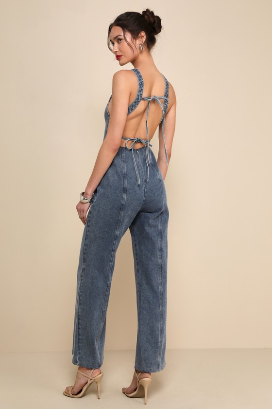 Shop Lulus Trendsetting Personality Medium Wash Denim Backless Jumpsuit In Blue