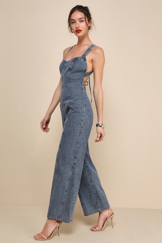 Shop Lulus Trendsetting Personality Medium Wash Denim Backless Jumpsuit In Blue