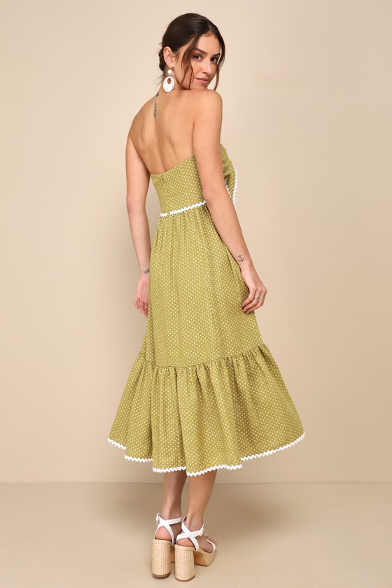 LULUS DELIGHTFUL DESIGN LIGHT GREEN POLKA DOT MIDI DRESS WITH POCKETS