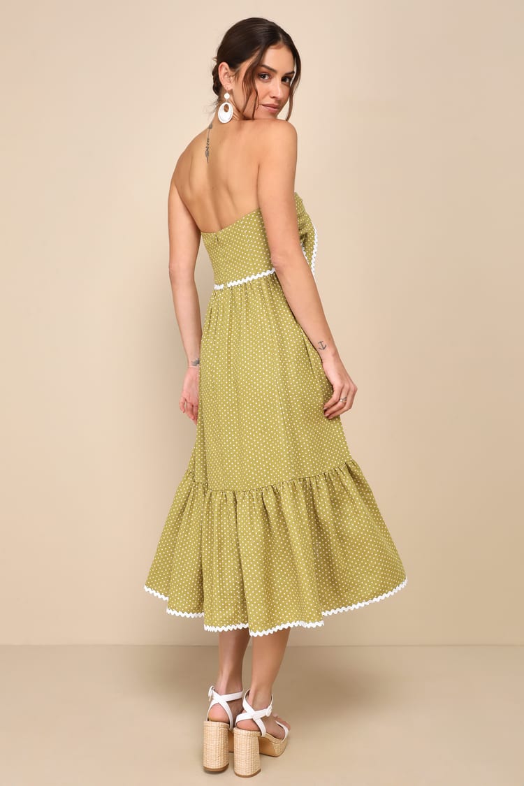 Delightful Design Light Green Polka Dot Midi Dress With Pockets