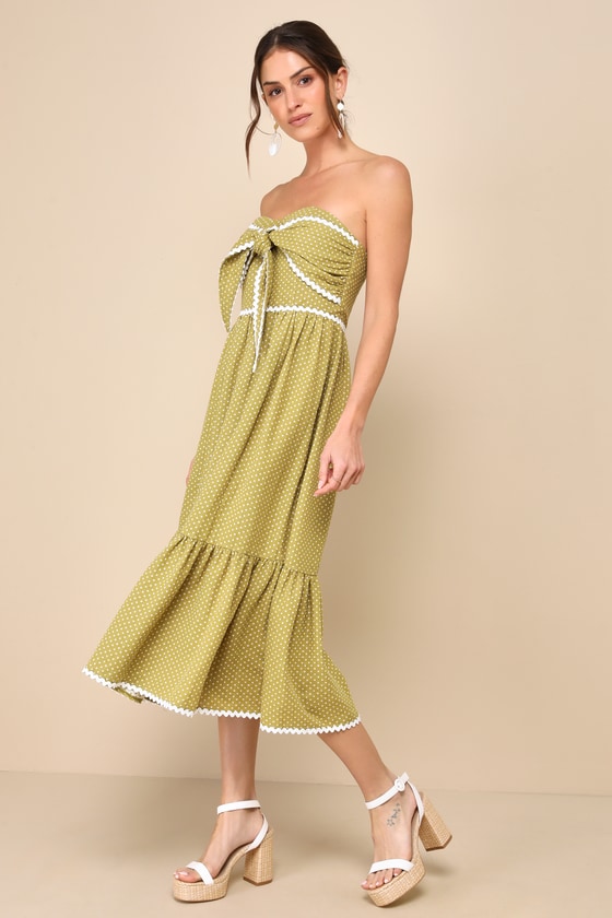 LULUS DELIGHTFUL DESIGN LIGHT GREEN POLKA DOT MIDI DRESS WITH POCKETS