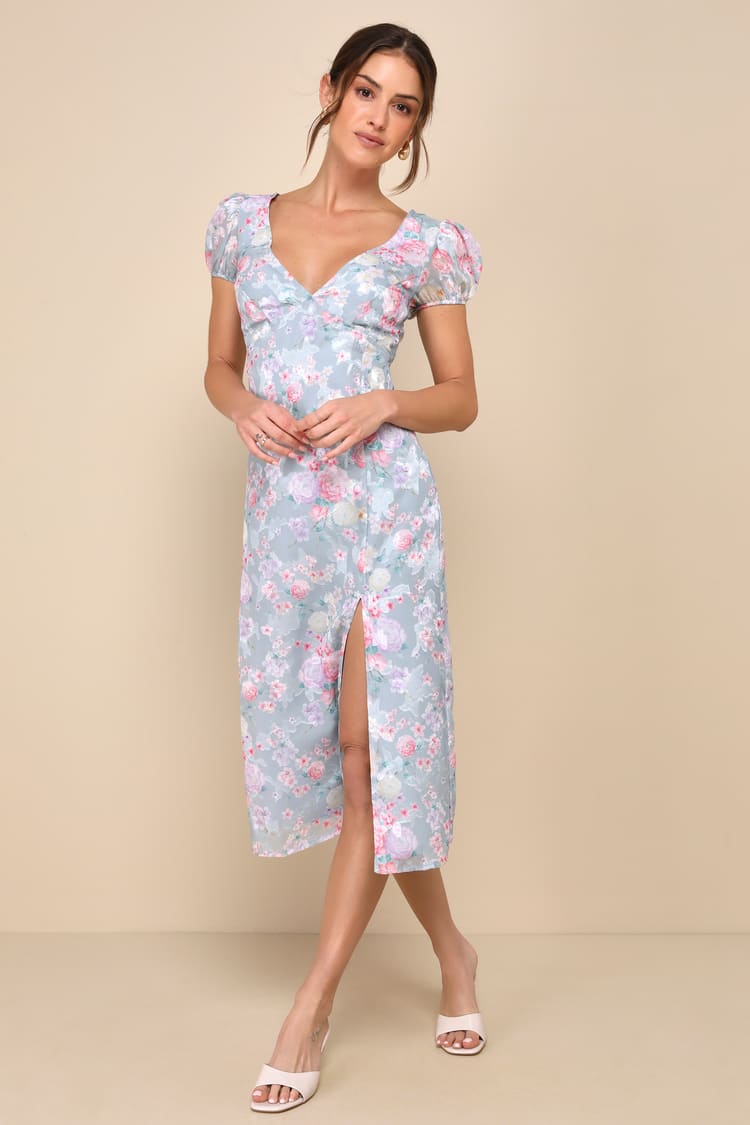 Slate Blue Floral Print Dress - Burnout Midi Dress - A-Line Dress - Lulus