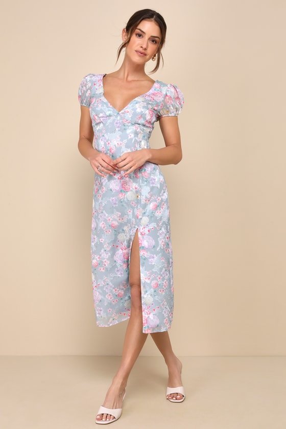 Elegant Personality Slate Blue Floral Burnout Midi Dress 1