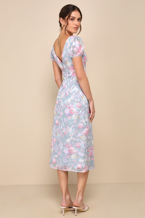Shop Lulus Elegant Personality Slate Blue Floral Burnout Midi Dress
