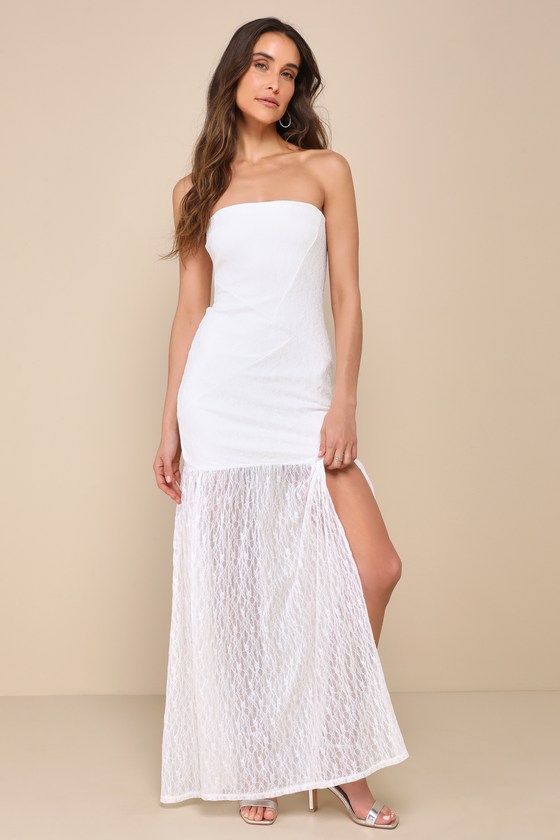 Shop Lulus Dreamy Sunsets Ivory Lace Strapless Midi Dress