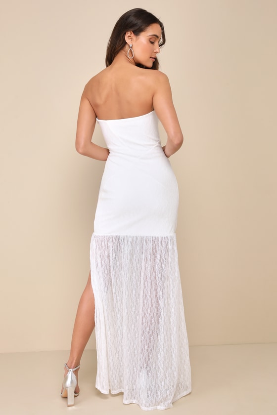 LULUS DREAMY SUNSETS IVORY LACE STRAPLESS MIDI DRESS