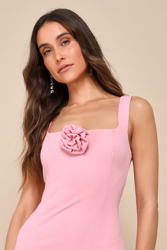 Adorable Allure Pink Rosette Square Neck Sleeveless Maxi Dress 2