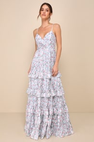 Perfectly Charismatic Blue Floral Tiered Ruffled Maxi Dress