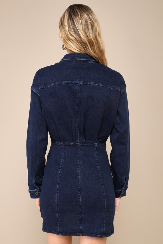 Shop Free People Amber Dark Wash Denim Long Sleeve Button-front Mini Dress In Blue