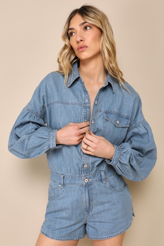Shop Free People Zodiac Medium Wash Chambray Balloon Sleeve Button-front Romper In Blue