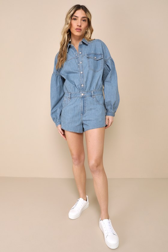 Shop Free People Zodiac Medium Wash Chambray Balloon Sleeve Button-front Romper In Blue
