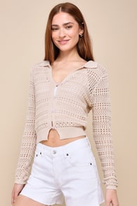 Springtime Cutie Beige Crochet Collared Cardigan Sweater