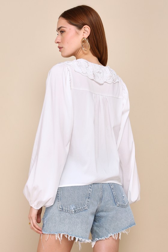Shop Lulus Classically Adorable Ivory Balloon Sleeve Embroidered Top