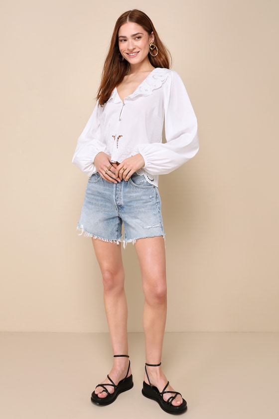 Cute Ivory Top - Balloon Sleeve Top - Collared Embroidered Top - Lulus