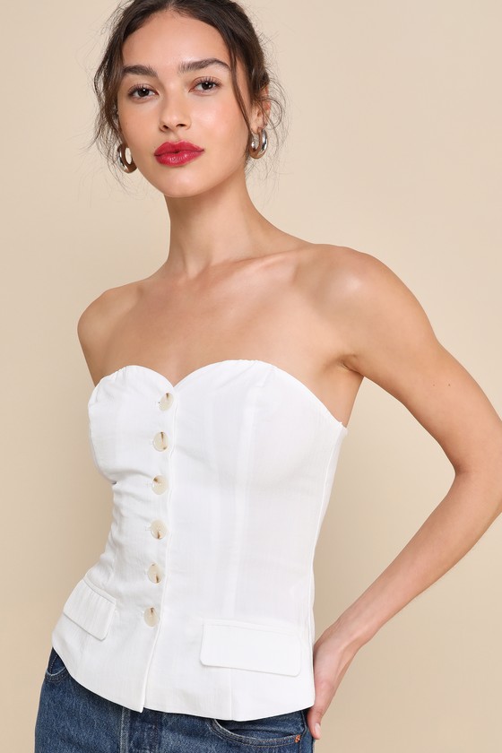 Flawlessly Preppy Ivory Strapless Button-Up Vest Top 2