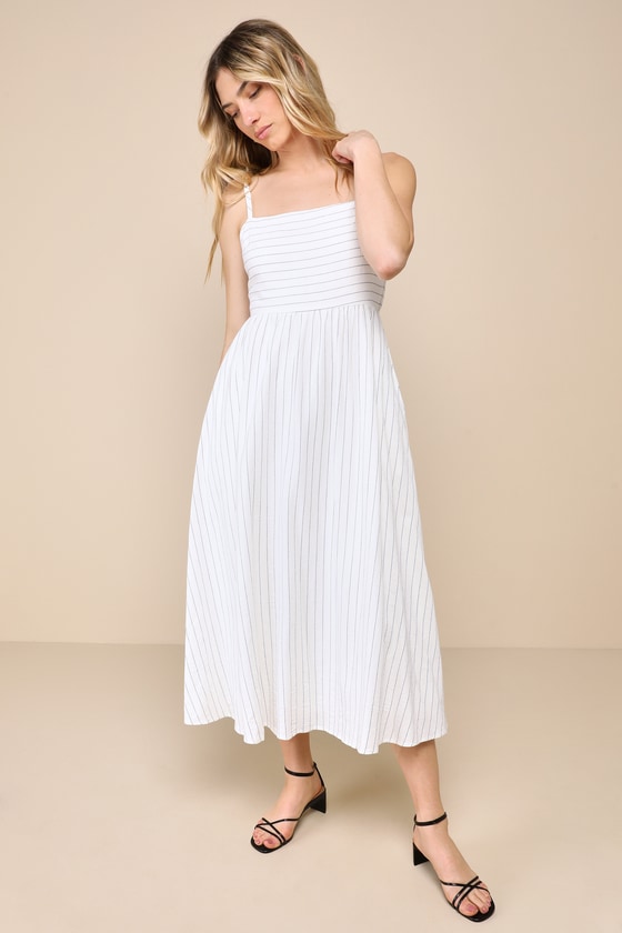 Lulus Feeling The Best White Striped Tie-back Midi Dress With Pockets